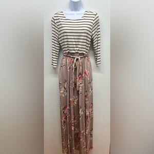 Taupe Stripe and Floral Dress
